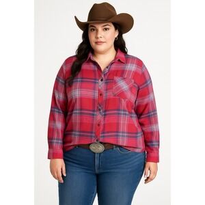 Orvis Womens Blouse XL Red Blue Plaid Long Sleeve Button Up Shirt Top